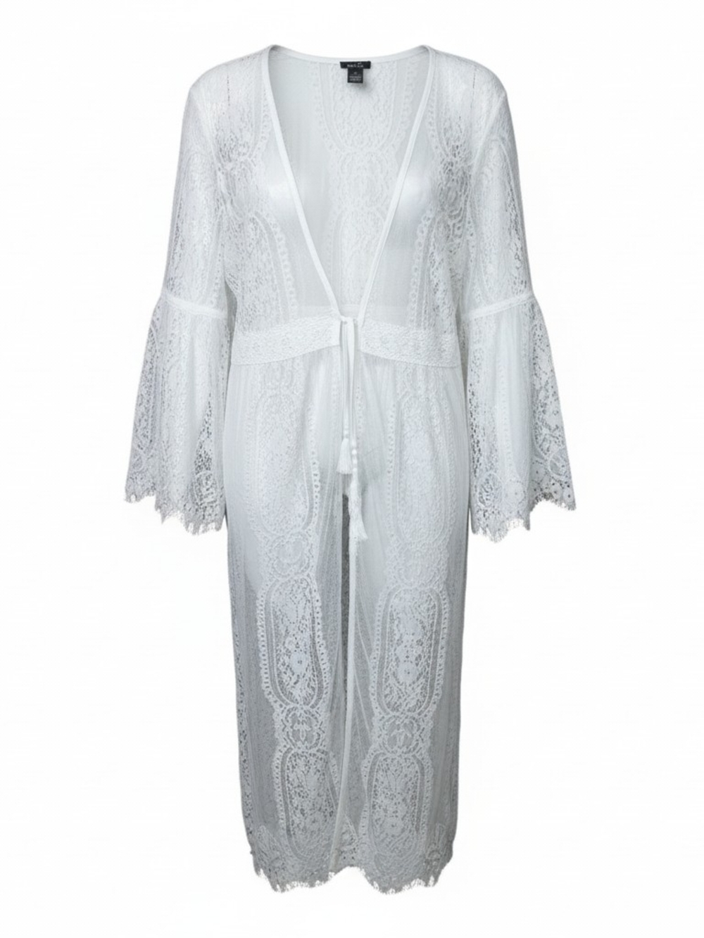 RUE 21 | White Floral Lace Maxi Kimono Duster Split Bell Sleeve Cover Up | L